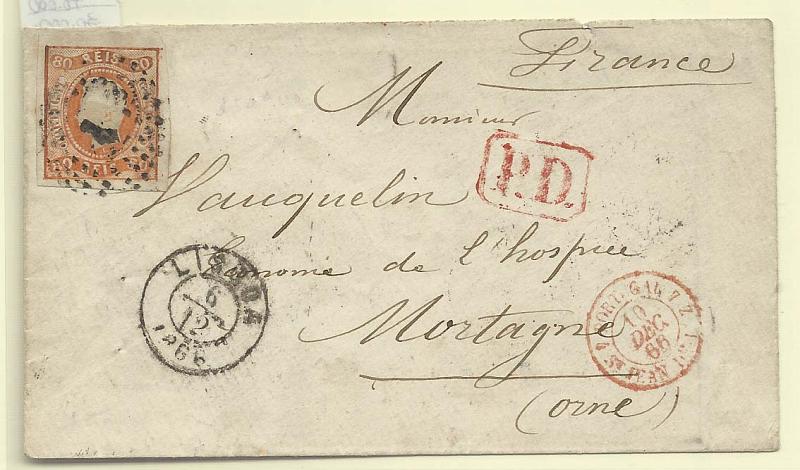 0120.jpg -     Lote:    120            Portugal       Descrição:         1866/67 &mdash; d. Luís I. Fita curva, não denteados. CE24, 80 reis laranja com boas margens, em carta circulada de Lisboa (06.12.1866) para França (11.12.66). B.        Carta       Valor Base:     &euro; 25,00     Valor Venda:     &euro; 30,00       