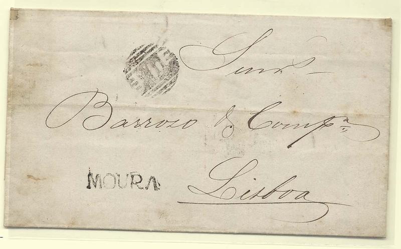 0121.jpg -     Lote:    121            Portugal       Descrição:         1867/1870 &mdash; D. Luís I. Fita curva, denteados. CE30, 25 reis rosa em carta circulada de Moura (14.09.68) para Lisboa (15.09.68) com trânsito por Beja (15.09.68). Marca nominativa "MOURA" e numérico da 1.ª reforma "201" tipo 3.4.3.        Carta       Valor Base:     &euro; 10,00     Valor Venda:     Retirado     