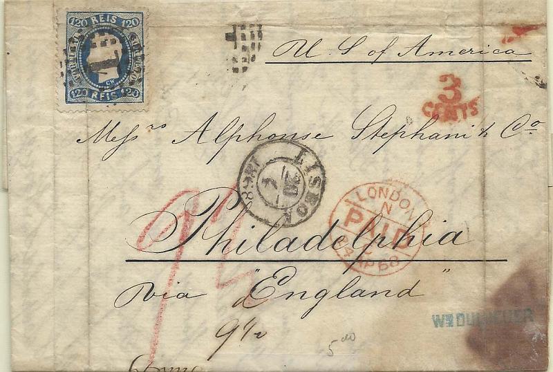 0123.jpg -     Lote:    123            Portugal       Descrição:         1867/70 &mdash; D. Luís I. Fita curva, denteados. CE34, 120 reis azul em sobrescrito circulado de Lisboa (20.04.68) para Filadélfia (com trânsito por Londres (24.04.68) com porte adicional de 3 cents marcado a vermelho. Mancha no canto inferior direito, porém exemplar raro.        Carta       Valor Base:     &euro; 75,00     Valor Venda:     Retirado     