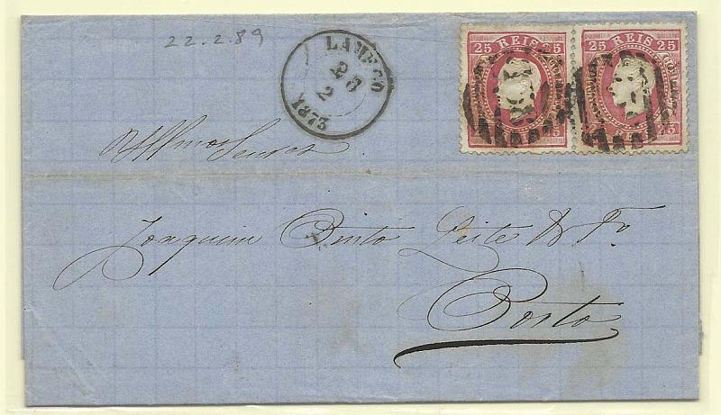 0124.jpg -     Lote:    124            Portugal       Descrição:         1870/76 &mdash; D. Luís I, fita direita. CE40, 25 reis carmim, denteado 12 172. Dois selos (duplo porte) em carta circulada de Lamego (28.02.1873) para o Porto (01.03.73). Carimbo datado de LAMEGO e numérico da 2.ª reforma 138.        Carta       Valor Base:     &euro; 10,00     Valor Venda:     Retirado     