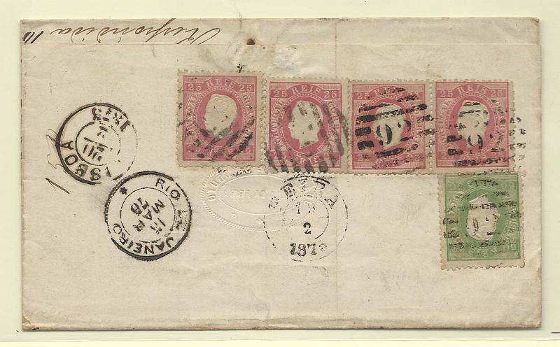 0125.jpg -     Lote:    125            Portugal       Descrição:         1870/76 &mdash; D. Luís I, fita direita. Carta circulada da Feira (19.02.75) para o Rio de Janeiro (15.03.75) com trânsito por lisboa (20.02.75) com 4 selos de 25 reis carmim, com três selos em denteado 12 &frac12; e 1 selo em denteado 13 &frac12; + selo de 50 reis verde, denteado 12 &frac12;. CE40/41        Carta       Valor Base:     &euro; 50,00     Valor Venda:     &euro; 60,00       