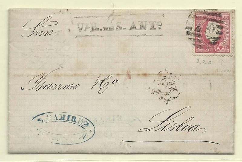 0126.jpg -     Lote:    126            Portugal       Descrição:         1870/76 &mdash; D. Luís I, fita direita. CE40, 25 reis carmim, papel liso, denteado 12 &frac12;, em carta circulada de Vila Real de S. António (10.12.72) para Lisboa (14.12.72) com trânsito por Faro (11.12.72). Carimbo nominativo batido a preto "V. R. DE S. ANT.º".        Carta       Valor Base:     &euro; 15,00     Valor Venda:     &euro; 16,00       