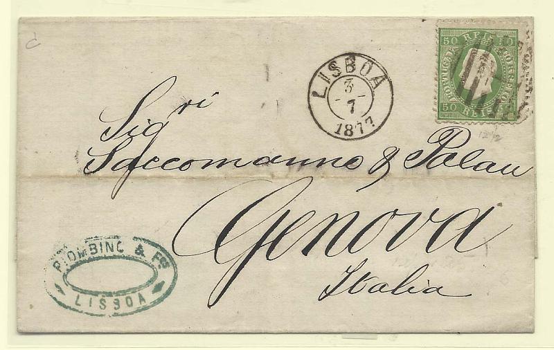 0129.jpg -     Lote:    129            Portugal       Descrição:         1870/76 &mdash; D. Luís I. Fita direita. CE41, 50 reis verde, papel lido, denteado 12 &frac12; em sobrescrito circulado de Lisboa (03.07.77) para Itália (08.07.77). B.        Carta       Valor Base:     &euro; 10,00     Valor Venda:     Retirado     