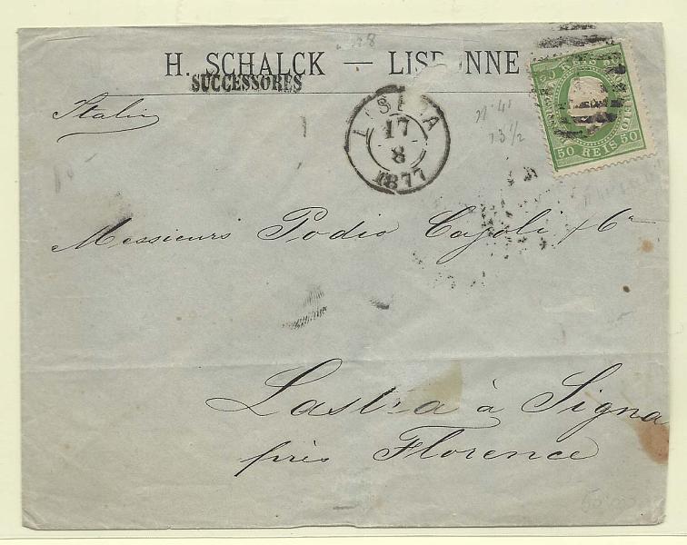 0130.jpg -     Lote:    130            Portugal       Descrição:         1870/76 &mdash; D. Luís I, fita direita. CE41, 50 reis verde, denteado 13 &frac12;, em sobrescrito circulado de Lisboa (17.08.77) para Paris (23.08.77).        Carta       Valor Base:     &euro; 15,00     Valor Venda:     Retirado     