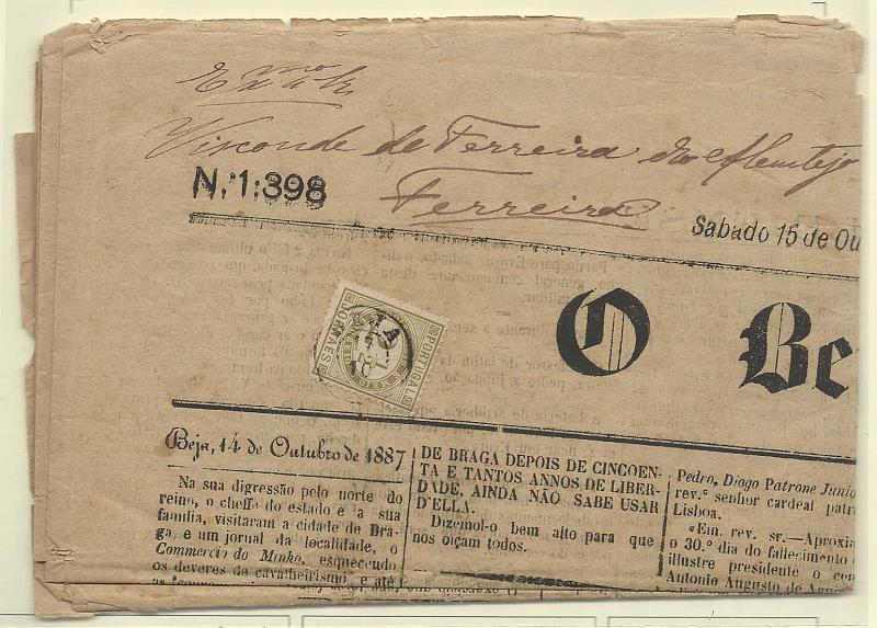 0132.jpg -     Lote:    132            Portugal       Descrição:         1876 &mdash; Jornaes. CE48, 2 &frac12;  reis bistre, denteado 12 &frac12; em jornal "O Bejense" n.º 1.398 de 15/10/1887, circulado de Beja (17.10.87) para Ferreira do Alentejo.        JRN       Valor Base:     &euro; 10,00     Valor Venda:     Retirado     