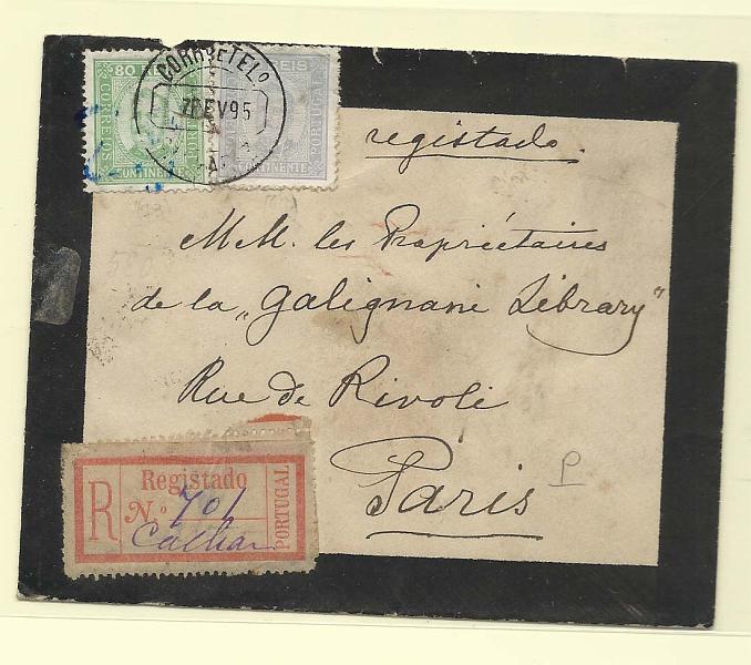 0135.jpg -     Lote:    135            Portugal       Descrição:         1892/93 &mdash; D. Carlos I tipo Diogo Neto. Sobrescrito circulado registado de Calhariz (07.02.95) para Paris com selos de 50 e 80 reis CE71 e 76, todos em papel porcelana, denteado 12 &frac12;.        Carta       Valor Base:     &euro; 25,00     Valor Venda:     &euro; 26,00       