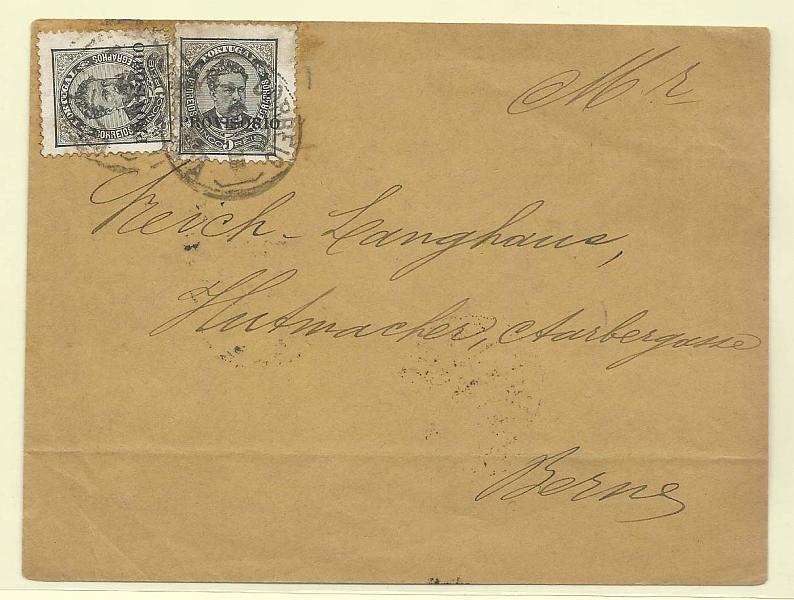 0136.jpg -     Lote:    136            Portugal       Descrição:         1892/93 &mdash; D. Luís I. Sobrecarga "PROVISORIO". CE80, 5 reis preto, sobrecarga a. Dois selos em carta circulada de Lisboa para Berna (15.11.93). Porte de impressos para o estrangeiro. B e R.        Carta       Valor Base:     &euro; 10,00     Valor Venda:     Retirado     
