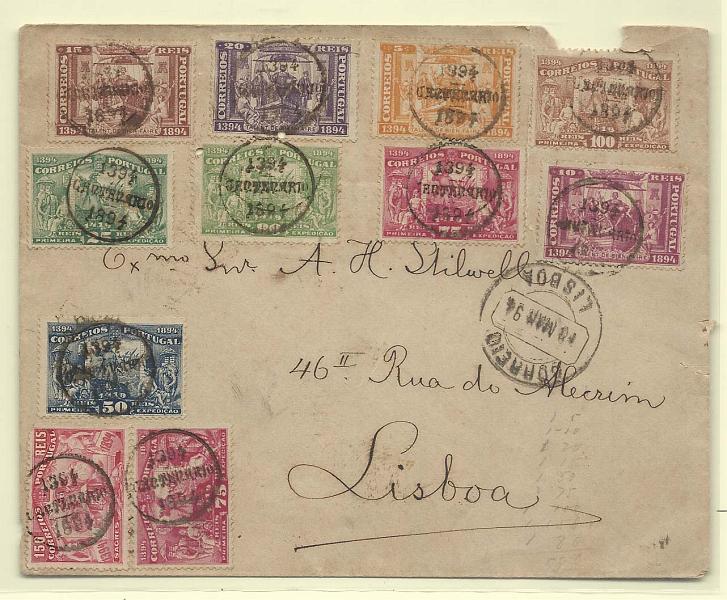0137.jpg -     Lote:    137            Portugal       Descrição:         1894 &mdash; 5.º Centenário do Nascimento do Infante D. Henrique. Sobrescrito circulado em Lisboa (10.03.94) com selos de 5, 10, 15, 20, 25, 50, 2x75, 80, 100 e 150 reis, CE98/107. Selos obliterados com carimbo comemorativo.        Carta       Valor Base:     &euro; 100,00     Valor Venda:     &euro; 100,00       