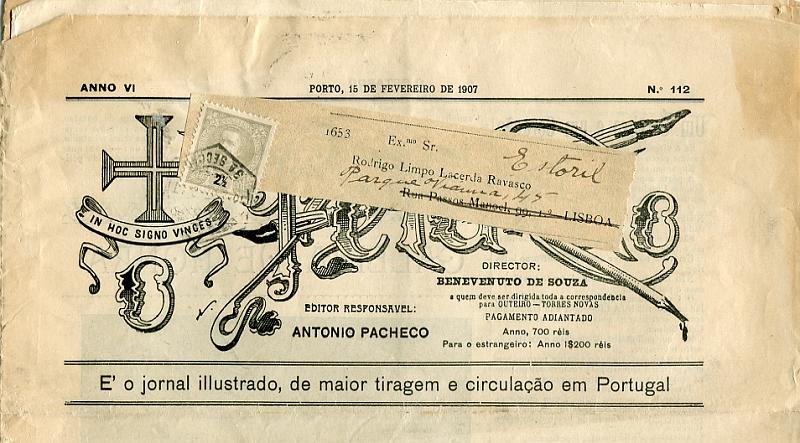 0139.jpg -     Lote:    139            Portugal       Descrição:         1895/96 &mdash; D. Carlos I tipo Mouchon. CE126, 2 172 reis cinzento, em jornal "O PETARDO" circulado do Porto (16.02.07) para Lisboa e reendereçado para o Estoril.        JRN       Valor Base:     &euro; 10,00     Valor Venda:     Retirado     