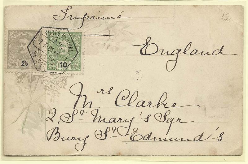 0141.jpg -     Lote:    141            Portugal       Descrição:         1895/96 &mdash; D. Carlos I tipo Mouchon. Postal ilustrado do Porto de Leixões, circulado de Lisboa (07.05.01) para a Inglaterra com selos de 2 &frac12; e 10 reis CE126, 128.        PI       Valor Base:     &euro; 8,00     Valor Venda:     Retirado     