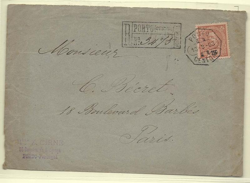0142.jpg -     Lote:    142            Portugal       Descrição:         1898/1905 &mdash; D. Carlos I, Mouchon. CE145, 115 reis laranja s/ rosa, em sobrescrito circulado registado do porto (13.03.03) para Paris.        Carta       Valor Base:     &euro; 20,00     Valor Venda:     Retirado     