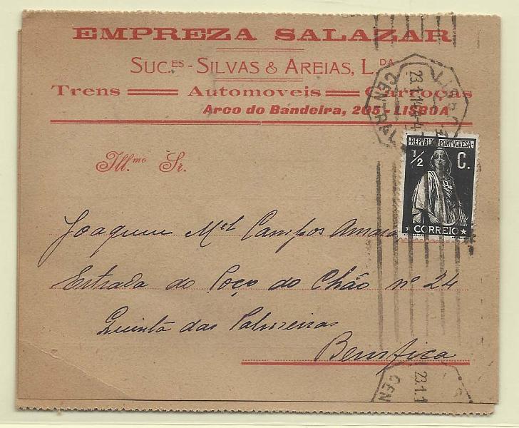 0146.jpg -     Lote:    146            Portugal       Descrição:         1912 &mdash; Ceres. CE207, &frac12; c preto, papel porcelana, denteado 15x14 em impresso publicitário circulado em Lisboa (23.01.14). MB.        IMP       Valor Base:     &euro; 10,00     Valor Venda:     Retirado     