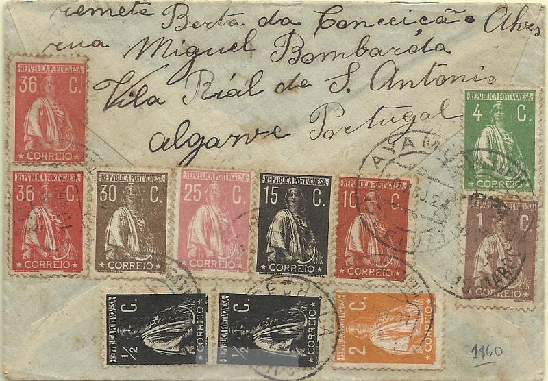 0147.jpg -     Lote:    147            Portugal       Descrição:         1912/23 &mdash; Ceres. Sobrescrito circulado de Vila Real de Santo António (10.08.24) para Marrocos, com trânsito por Ayamonte (10.08.24) com onze selos: 2x &frac12; c preto CE207, 10c tijolo CE215, 1c castanho CE221, 2c laranja CE223, 4c verde CE226, 3oc castanho CE242, 2x36c CE243, 15C preto CE253 e 25c rosa CE255 perfazendo o porte de 1$60.        Carta       Valor Base:     &euro; 20,00     Valor Venda:     &euro; 90,00       