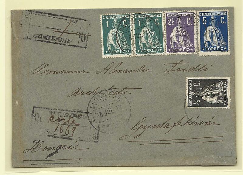 0148.jpg -     Lote:    148            Portugal       Descrição:         1914 &mdash; Ceres. Sobrescrito circulado registado de Lisboa * Cortes (05.07.12) para a Hungria (10.08.12) com selos de &frac12; c preto, 1c (par) verde, 2 &frac12; c violeta e 5c azul, todos em papel porcelana, denteado 15x14, CE207, 208, 211 e 212.        Carta       Valor Base:     &euro; 20,00     Valor Venda:     &euro; 48,00       