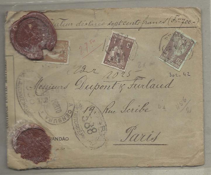 0150.jpg -     Lote:    150            Portugal       Descrição:         1914/17 &mdash; Ceres. Valor declarado no valor de 700FF, circulado do Porto (22.10.18) para Paris, com trânsito por Lisboa (24.10.18) e Madrid (27.10.18), franquiado com selos de 1c castanho CE221 + 7 &frac12; c bistre CE213 + 20c castanho s/ verde, papel porcelana, denteado 15x14 CE217. Censurado no Porto + censura francesa por cinta fechada com lacre do Ministério da Guerra.         Carta       Valor Base:     &euro; 100,00     Valor Venda:     &euro; 240,00       