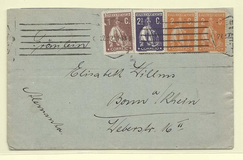 0152.jpg -     Lote:    152            Portugal       Descrição:         1912/20 &mdash; Ceres. Sobrescrito circulado de Lisboa (27.03.20) para a Alamanha com selos de 2 &frac12; c, 1c e par de 2c CE211, 221 e 223. Selo de 1c com variedade de cliché V. MB.        Carta       Valor Base:     &euro; 25,00     Valor Venda:     &euro; 55,00       