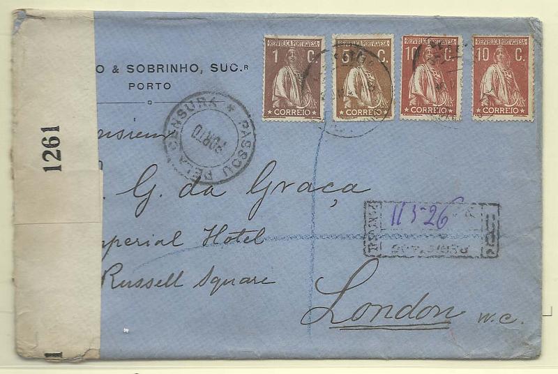 0153.jpg -     Lote:    153            Portugal       Descrição:         1912/17 &mdash; Ceres. Sobrescrito circulado registado do Porto (30.05.18) para Londres (06.06.18) com selos de 1C CE221, 5c CE227 e 2x10c CE215. Censurada no Porto e em Londres.        Carta       Valor Base:     &euro; 8,00     Valor Venda:     &euro; 12,00       