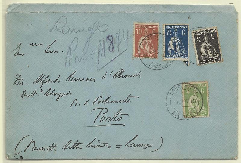0154.jpg -     Lote:    154            Portugal       Descrição:         1912/17 &mdash; Ceres. Sobrescrito circulado de Lamego (07.11.19) para o Porto com selos de &frac12; c preto, 10c tijolo, 4c verde e 7 &frac12; c azul CE207, 215, 226 e 229.        Carta       Valor Base:     &euro; 15,00     Valor Venda:     &euro; 15,00       