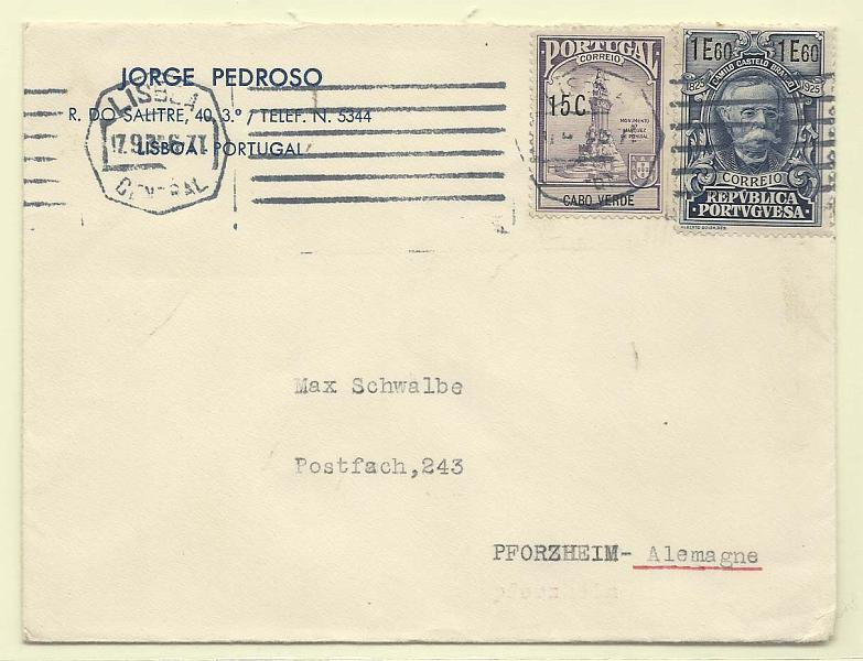 0161.jpg -     Lote:    161            Portugal       Descrição:         1934 &mdash; Selos de recurso. 1925 &mdash; Centenário de Camilo Castelo Branco + Monumento ao Marquês de Pombal. Sobrescrito circulado de Lisboa (17.09.34) para a Alamanha com selo de 1$60 CE353 (selo utilizado em 2.º período de circulação) e 15c violeta (selo do imposto postal de Cabo Verde utilizado como selo de correio ordinário no Continente). MB.        Carta       Valor Base:     &euro; 20,00     Valor Venda:     &euro; 28,00       