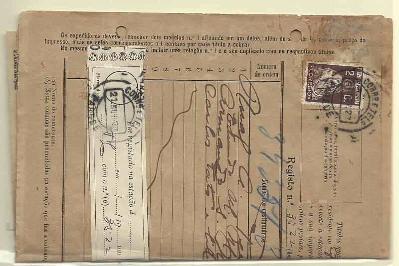 0162.jpg -     Lote:    162            Portugal       Descrição:         1926 &mdash; Ceres. Emissão Londres. CE396, 2C castanho. Lote composto por dois impressos Mod. 1 &mdash; Serviço Cobranças, circulados cada um deles com um selo.        DOC       Valor Base:     &euro; 10,00     Valor Venda:     &euro; 18,00       
