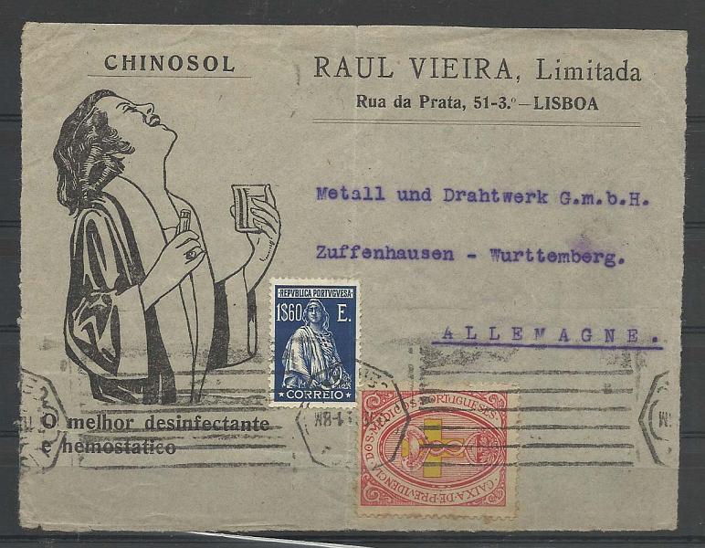 0163.jpg -     Lote:    163            Portugal       Descrição:         1926 &mdash; Ceres. Frente de sobrescrito circulado de Lisboa (07.12.31) para a Alemanha com selo de 1$60 CE414 + etiqueta da CAIXA DE PREVIDÊNCIA DOS MÉDICOS PORTUGUESES".        FRG       Valor Base:     &euro; 40,00     Valor Venda:     &euro; 40,00       
