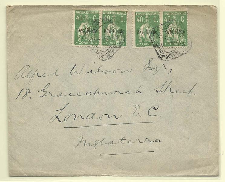 0166.jpg -     Lote:    166            Portugal       Descrição:         1929 &mdash; Ceres, com sobrecarga REVALIDADO. CE491, 40c verde. Dois pares em carta circulada de Lisboa (22.04.29) para a Inglaterra.        Carta       Valor Base:     &euro; 12,00     Valor Venda:     &euro; 42,00       