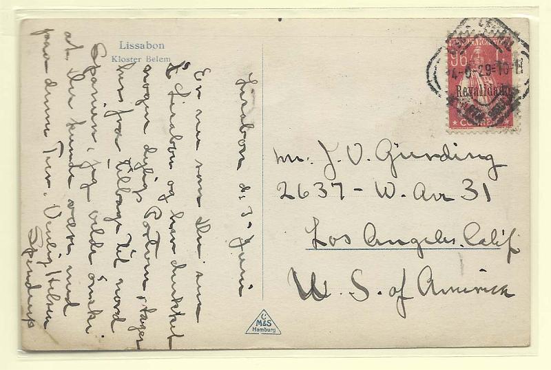 0167.jpg -     Lote:    167            Portugal       Descrição:         1929 &mdash; Ceres, com sobrecarga "Revalidado". CE492, 96c vermelho em postal ilustrado circulado de Lisboa (04.06.29) para os EUA.        PI       Valor Base:     &euro; 12,00     Valor Venda:     &euro; 46,00       