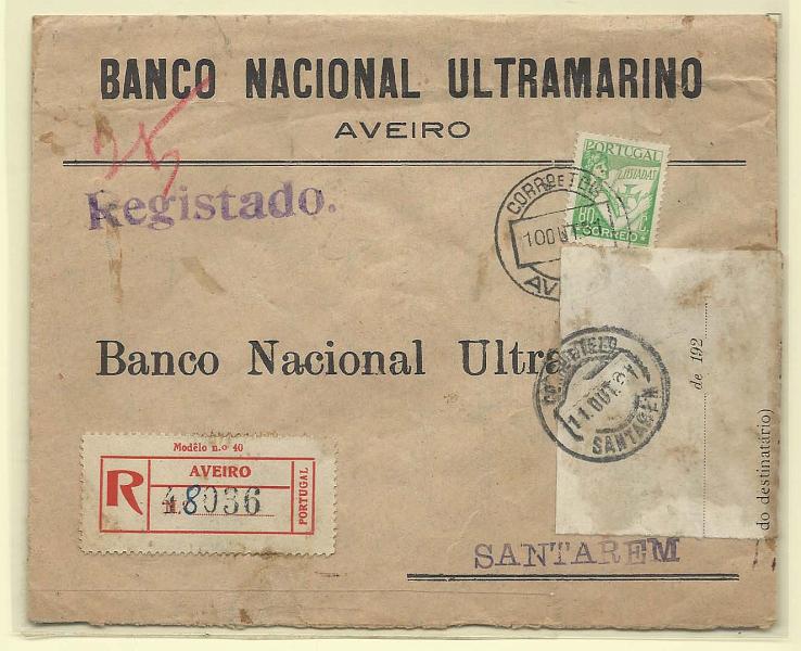 0168.jpg -     Lote:    168            Portugal       Descrição:         1931 &mdash; Lusíadas. Sobrescrito circulado registado de Aveiro (10.10.31) para Santarém (11.10.31) com selo de 80c CE524. Sobrescrito violado e selado pelos correio em Santarém.        Carta       Valor Base:     &euro; 10,00     Valor Venda:     &euro; 10,00       