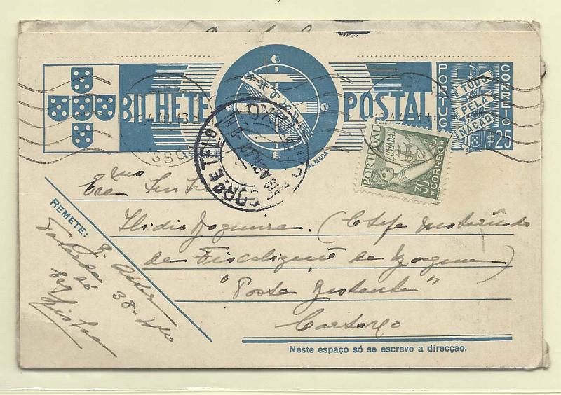 0169.jpg -     Lote:    169            Portugal       Descrição:         1933/38 &mdash; Lusíadas. Lote composto por: sobrescrito circulado com selo de $40 Tudo pela Nação + inteiro postal Tudo pela Nação OM83. Todos endereçados para a POSTA RESTANTE, tendo-se pago o serviço com selos de 30c CE544.        Carta       Valor Base:     &euro; 15,00     Valor Venda:     Retirado     
