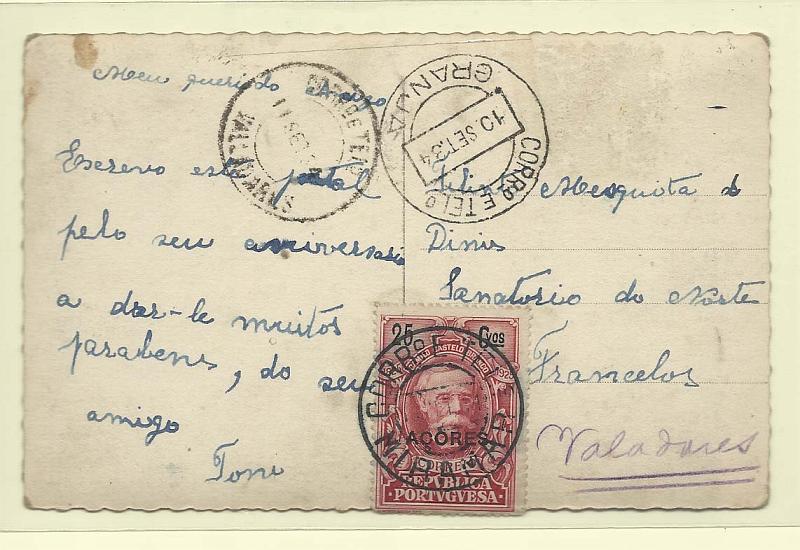 0170.jpg -     Lote:    170            Portugal       Descrição:         1934 &mdash; Selos de recurso. Centenário de Camilo Castelo Branco com sobrecarga AÇORES. CE226, 25c, em postal circulado de Miramar para Valadares (11.09.34) com trânsito pela Granja (10.09.34) Selo dos Açores utilizados como selo de recurso no Continente.        PI       Valor Base:     &euro; 12,00     Valor Venda:     Retirado     