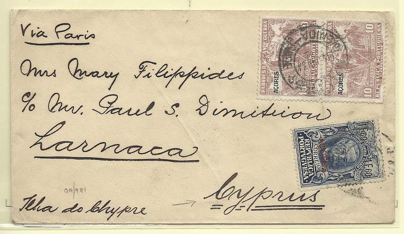 0171.jpg -     Lote:    171            Portugal       Descrição:         1934 &mdash; Selos de recurso. Centenário de Camilo Castelo Branco com sobrecarga AÇORES + Padrões da Grande Guerra com sobrecarga Açores. Sobrescrito circulado no Continente * Lisboa (11.06.34) para o Chipre com selos de 1$60 CE236 + 2x10c CE IP12. Selo usados como recurso no correio ordinário do Continente.        Carta       Valor Base:     &euro; 16,00     Valor Venda:     &euro; 20,00       