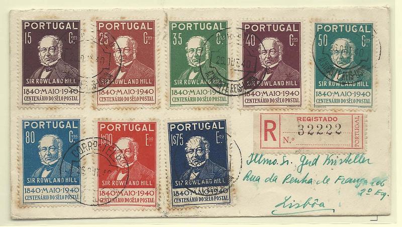 0172.jpg -     Lote:    172            Portugal       Descrição:         1940 &mdash; Centenário do Selo Postal. CE599/606. Sobrescrito com série completa circulado registado em Lisboa (26.10.40).        Carta       Valor Base:     &euro; 20,00     Valor Venda:     Retirado     