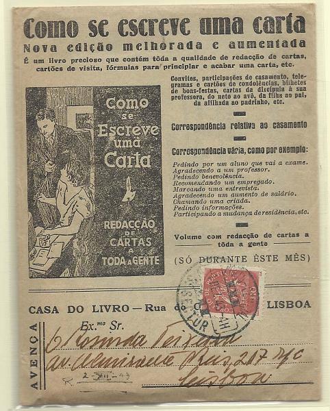 0173.jpg -     Lote:    173            Portugal       Descrição:         1943 &mdash; Caravela. CE618, $10 tijolo em sobrescrito circulado em Lisboa (01.12.43). Sobrescrito publicitário da CASA DO LIVRO. MB.        Carta       Valor Base:     &euro; 10,00     Valor Venda:     &euro; 16,00       