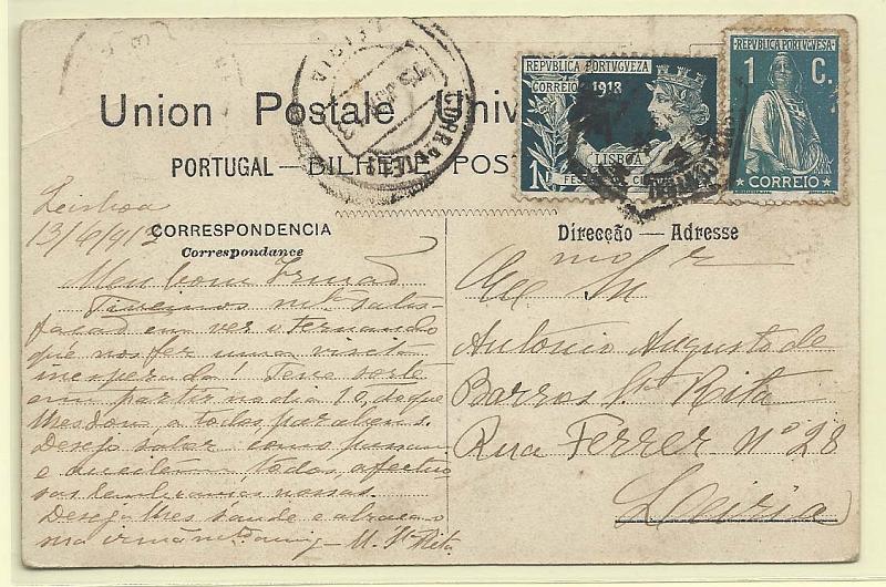 0176.jpg -     Lote:    176            Portugal       Descrição:         1913 &mdash; Imposto Postal. Festas da Cidade de Lisboa. CE IP5, 1c verde-escuro em postal circulado de Lisboa (13.06.13) para Leiria (15.06.13). B e R.        PI       Valor Base:     &euro; 30,00     Valor Venda:     Retirado     