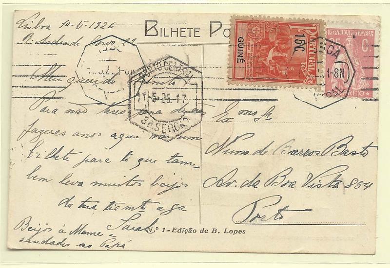 0177.jpg -     Lote:    177            Portugal       Descrição:         1934 &mdash; Selos de recurso. Monumento ao Marquês de Pombal + Ceres. Postal ilustrado circulado de Lisboa (10.05.26) para o Porto (11.05.25) com selo de 25c rosa CE255 + selo do imposto postal de 15c da GUINÉ, usado como selo de recurso do imposto no Continente.        PI       Valor Base:     &euro; 15,00     Valor Venda:     &euro; 24,00       