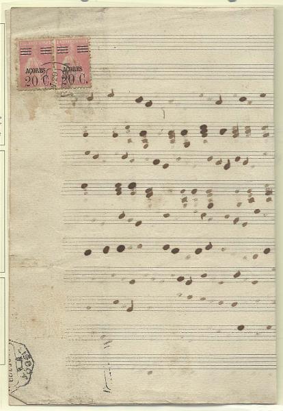 0181.jpg -     Lote:    181            Açores e Distritos Postais        Descrição:         1929/30 &mdash; Ceres. Selos do Continente com sobrecarga "AÇORES" e sobretaxa. Pauta de música circulada de Ponta Delgada (??.11.29) para Lisboa (11.12.29) com par de selos de 20C s/ 25C CE287. Pagou 40c referente ao 1.º porte para manuscritos. Raro porte.        IMP       Valor Base:     &euro; 20,00     Valor Venda:     &euro; 25,00       