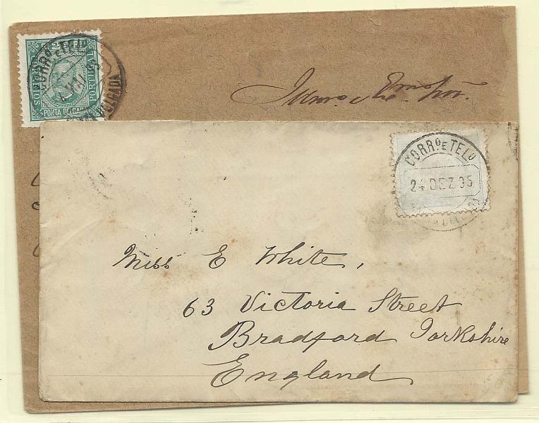0183.jpg -     Lote:    183            Açores e Distritos Postais        Descrição:         1892/93 &mdash; D. Carlos I. Lote de duas cartas: uma com selo de 25 reis CE5, circulada de Ponta Delgada (04.05.93) para Lisboa e outra com selos de 50 reis CE6 circulada de Ponta Delgada (24.12.95) para a Inglaterra.         Carta       Valor Base:     &euro; 15,00     Valor Venda:     Retirado     