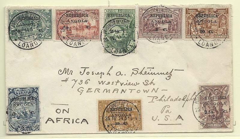 0185.jpg -     Lote:    185            Angola       Descrição:         1913 &mdash; 4.º Centenário do Descobrimento do Caminho Marítimo para a Índia, com sobrecarga REPUBLICA e sobretaxa, sobre selos postais de África. CE118/125. Série completa em sobrescrito circulado de Luanda (25.04.14) para os EUA,        Carta       Valor Base:     &euro; 120,00     Valor Venda:     Retirado     