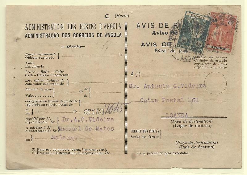 0188.jpg -     Lote:    188            Angola       Descrição:         1912/22 &mdash; Ceres. Impresso de AR de carta circulada de Malange (07.01.31) para Luanda com selos de 10c CE151 e 30c CE206. B e R.        AR       Valor Base:     &euro; 10,00     Valor Venda:     Retirado     
