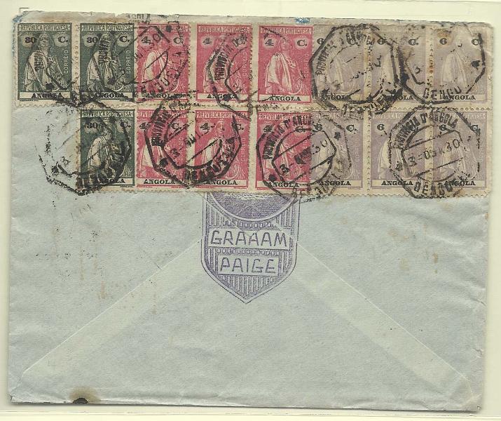 0191.jpg -     Lote:    191            Angola       Descrição:         192&frac12;3 &mdash; Ceres. Sobrescrito circulado de Benguela (03.10.30) para os EUA com bloco de 4 selos de 4c CE201 + bloco de 6 selos de 6c CE203 + bloco de 3 selos de 30c CE206. Período da inflação em Angola.         Carta       Valor Base:     &euro; 40,00     Valor Venda:     Retirado     