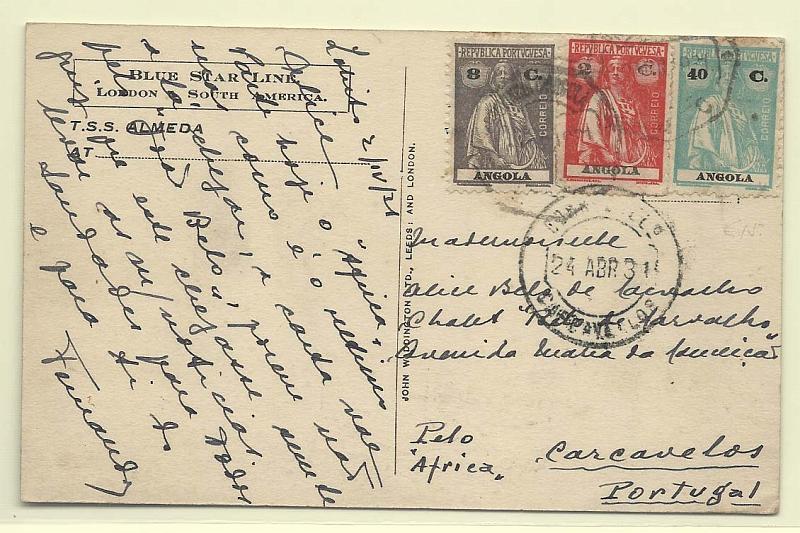 0192.jpg -     Lote:    192            Angola       Descrição:         192&frac12;3 &mdash; Ceres. Postal ilustrado circulado do Lobito para carcavelos (24.04.31) com selos de 4c, 8c e 40c CE201, 150 e 207, pelo Paquete África.        PI       Valor Base:     &euro; 15,00     Valor Venda:     Retirado     