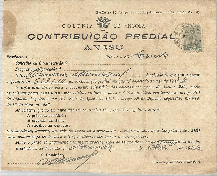 0195.jpg -     Lote:    195            Angola       Descrição:         1932 &mdash; Ceres. Novo Tipo. Impresso Mod. 10 dos Serviços de Fazenda e Contabilidade * Contribuição Predial circulado  em Luanda (09.02.37) com selo de 20c CE232 (porte de impresso). MB e MR.        IMP       Valor Base:     &euro; 10,00     Valor Venda:     &euro; 24,00       