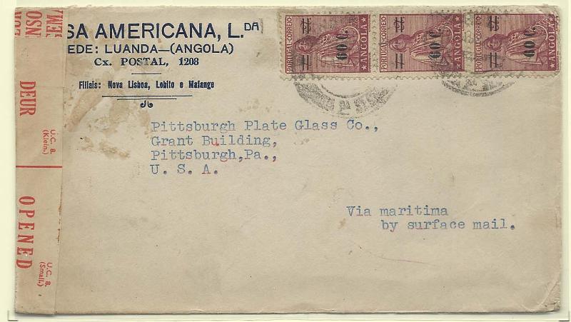 0198.jpg -     Lote:    198            Angola       Descrição:         1942 &mdash; Ceres, com sobretaxa. Sobrescrito circulado de Luanda (10.04.44) para os EUA, com tira de 3 selos de 60c s/ 1A CE284. Censurada na África do Sul. MB.        Carta       Valor Base:     &euro; 20,00     Valor Venda:     &euro; 32,00       