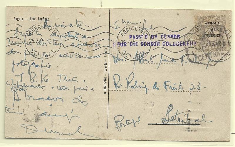 0200.jpg -     Lote:    200            Angola       Descrição:         1945 &mdash; Selos de recurso + censuras. Porteado. Emissão regular com valor em centavos. CE POR30, 50c cinzento em postal ilustrado circulado de Luanda (13.04.45) para Setúbal (25.07.45). Selo de porteado usado como selo de recurso no correio ordinário. Censura linear a violeta da África do Sul, pouco vulgar em correspondência de Angola..         PI       Valor Base:     &euro; 30,00     Valor Venda:     Retirado     