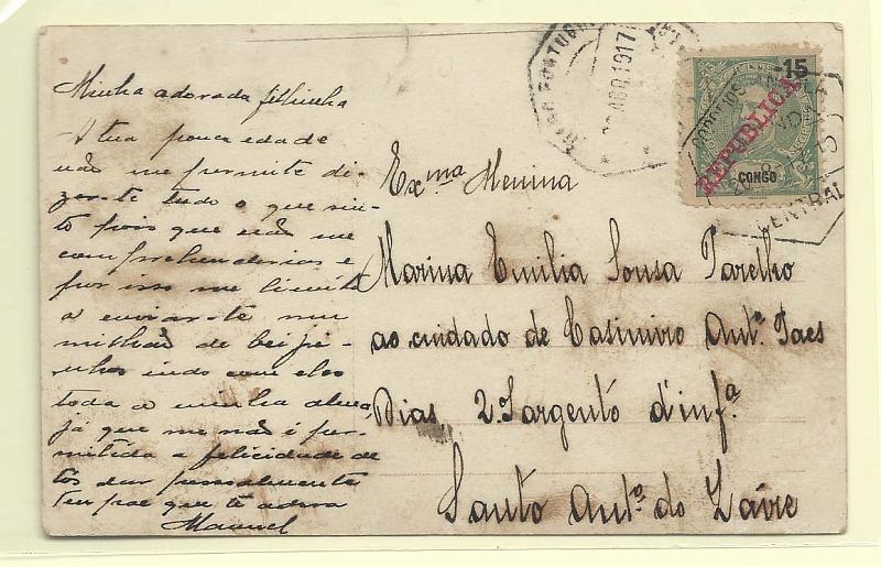 0203.jpg -     Lote:    203            Congo       Descrição:         1911 &mdash; D. Carlos I, tipo Mouchon, com sobrecarga REPUBLICA da Casa da Moeda. CE63, 15 reis verde em postal circulado de Cabinda (20.08.17) para Santo António do Zaire (22.08.17).        Carta       Valor Base:     &euro; 10,00     Valor Venda:     Retirado     