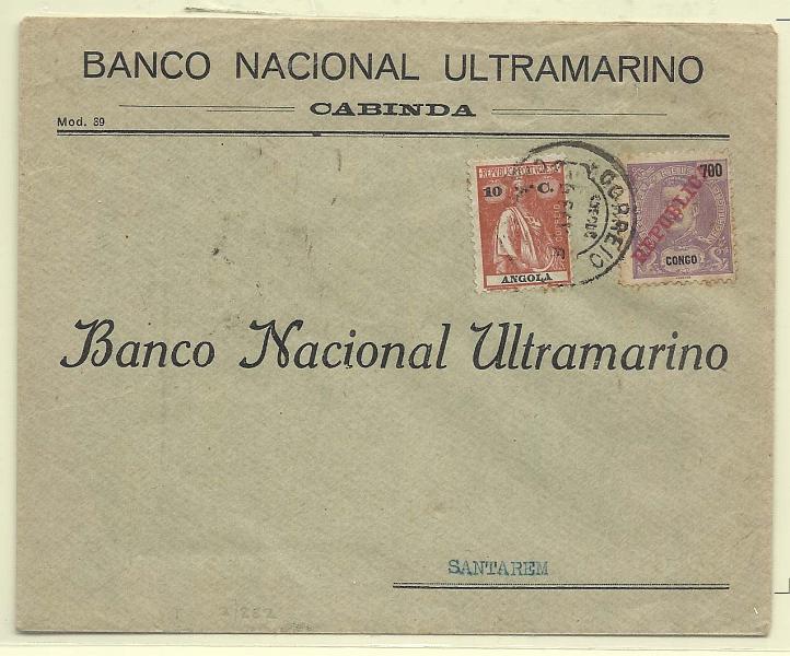 0204.jpg -     Lote:    204            Congo       Descrição:         1911/14 &mdash; D. Carlos I Mouchon, com sobrecarga REPUBLICA da Casa da Moeda + Ceres. Sobrescrito circulado de Cabinda (06.02.26) para Lisboa (23.03.26) com trânsito por Luanda (17.02.26) com selo de 700 reis CE74 + selo Ceres de Angola CE151, perfazendo o porte de 80c (1.º porte para Portugal). Interessante franquia mista de Angola e Congo, muito embora os selos do Congo tenham sido abolidos em 1920.         Carta       Valor Base:     &euro; 200,00     Valor Venda:     &euro; 260,00       