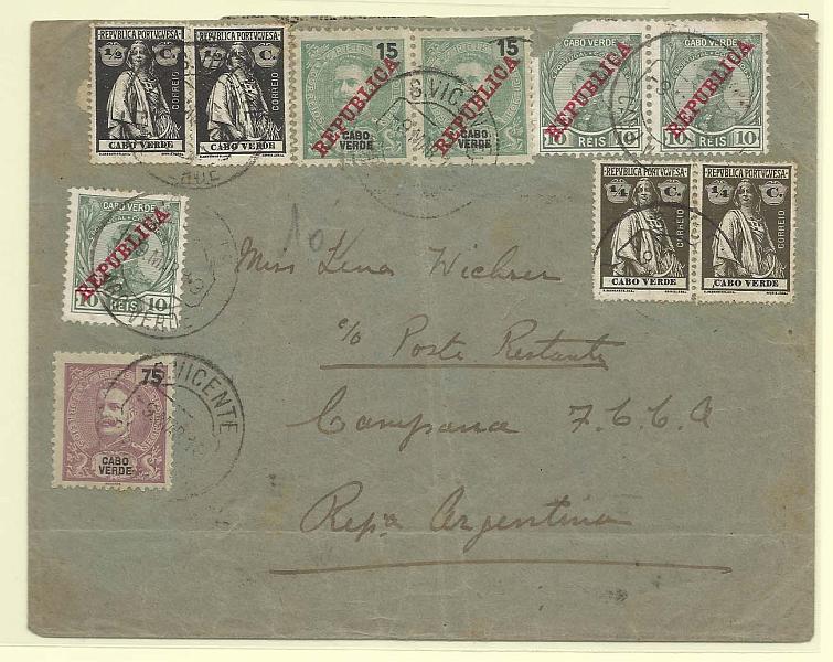 0205.jpg -     Lote:    205            Cabo Verde       Descrição:         1903/1914 &mdash; D. Carlos Mouchon + D. Carlos Mouchon, com sobrecarga REPUBLICA + D. Manuel II com sobrecarga REPUBLICA + Ceres. Sobrescrito circulado de S. Vicente (09.03.19) para a Argentina, com selos de 75 reis CE81, 2x15 reis CE89, 3x10 reis CE103, par de &frac14; c CE137 e par de &frac12; c CE138. Um selo com defeito. B e R.        Carta       Valor Base:     &euro; 75,00     Valor Venda:     Retirado     