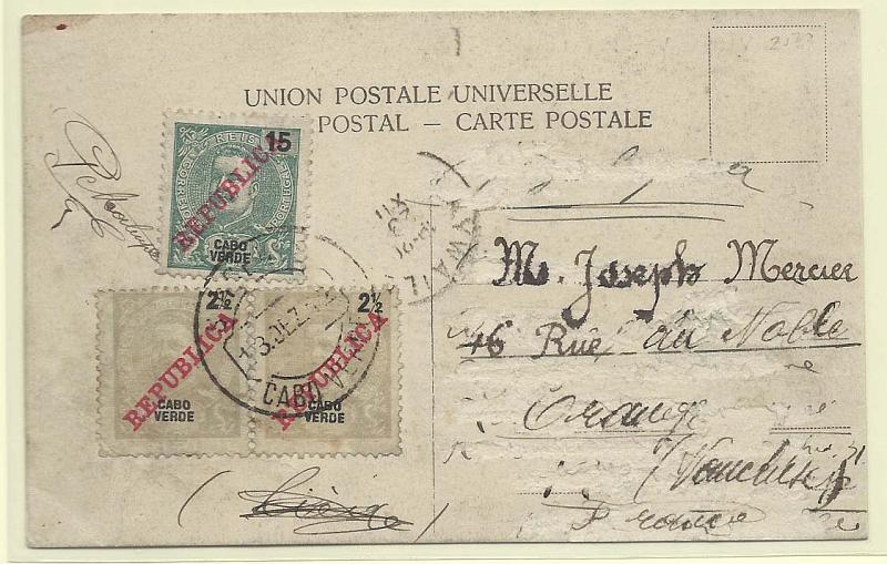 0206.jpg -     Lote:    206            Cabo Verde       Descrição:         1911 &mdash; D. Carlos I Mouchon, com sobrecarga REPUBLICA da Cada da Moeda. Postal ilustrado circulado de S, Vicente (13.12.12) para Orange (23.12.12) com par de 2 &frac12; reis CE86 e 15 reis CE89.        IP       Valor Base:     &euro; 10,00     Valor Venda:     Retirado     