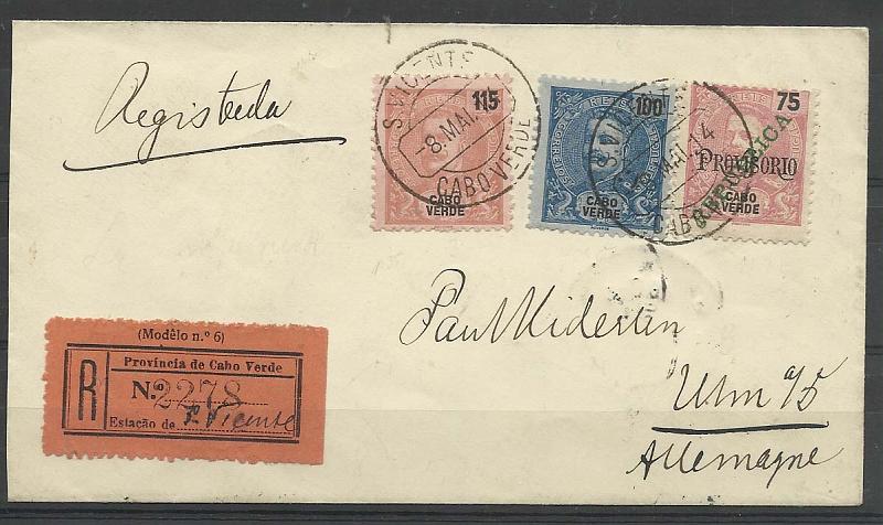 0207.jpg -     Lote:    207            Cabo Verde       Descrição:         1898/1913 &mdash; D. Carlos I Mouchon + D. Carlos I Mouchon com sobrecarga REPUBLICA local. Sobrescrito circulado registado de S. Vicente (08.05.14) para a Alemanha (22.05.14) com trânsito por Lisboa (20.05.14), com selos de 100 e 115 reis CE46 e 82 + 75 reis Provisório CE154, muito raro em carta. Único exemplar conhecido.        Carta       Valor Base:     &euro; 75,00     Valor Venda:     &euro; 80,00       
