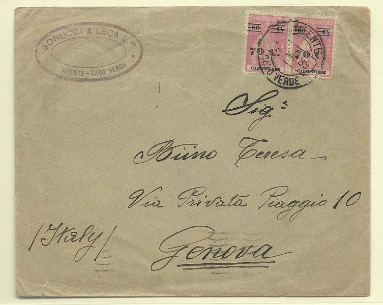 0209.jpg -     Lote:    209            Cabo Verde       Descrição:         1931 &mdash; Ceres, com sobretaxa. CE198, 70c s/ 80c rosa. Par em carta circulada de S. Vicente (04.07.33) para Génova (19.07.33). B.        Carta       Valor Base:     &euro; 18,00     Valor Venda:     Retirado     